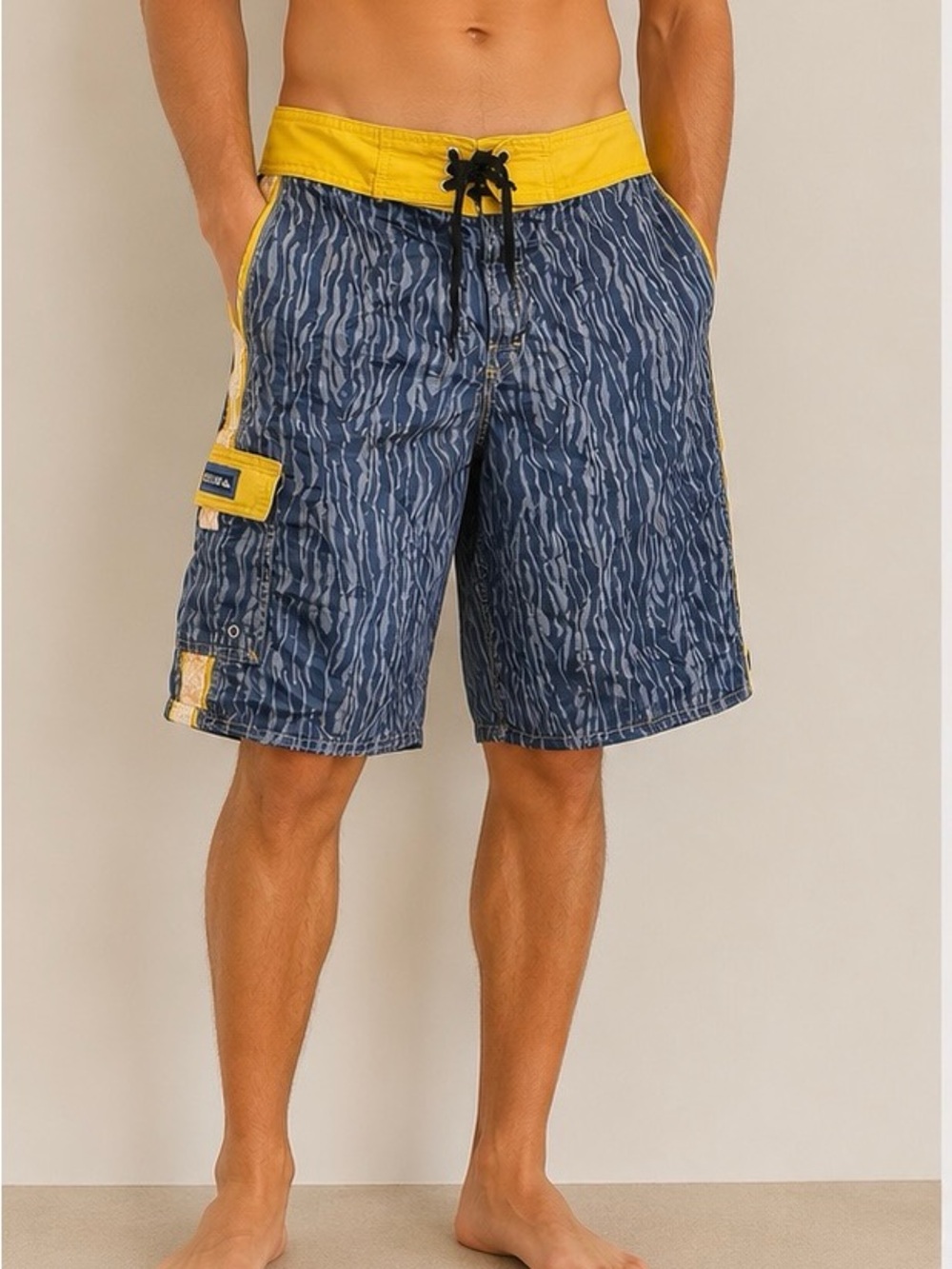 Quiksilver Navy and Yellow Y2K Patterned Board Shorts